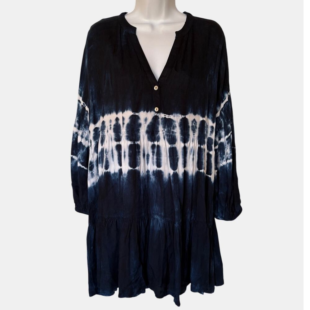 Mud Pie Boho Indigo Blue Tie Dye Babydoll Style Tiered Mini Swing Dress size S